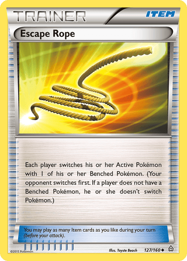 The image is a Pokémon trading card named "Escape Rope (127/160) [XY: Primal Clash]," categorized as an Uncommon Trainer Item card from the Pokémon brand. It depicts a coiled rope with a yellow, glowing background. Card text explains that each player switches their Active Pokémon with a Benched Pokémon; the opponent switches first if able.