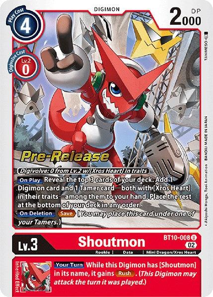 A Digimon card featuring Shoutmon [BT10-008] [Xros Encounter Pre-Release Cards], a key member of Xros Heart. The card has a red and white border and displays Shoutmon, a red dragon-like creature with a microphone. Text on the card includes "Pre-Release," "Lv.3," and detailed game instructions. Shoutmon's stats are Level 3, DP 2000, and Play Cost 4