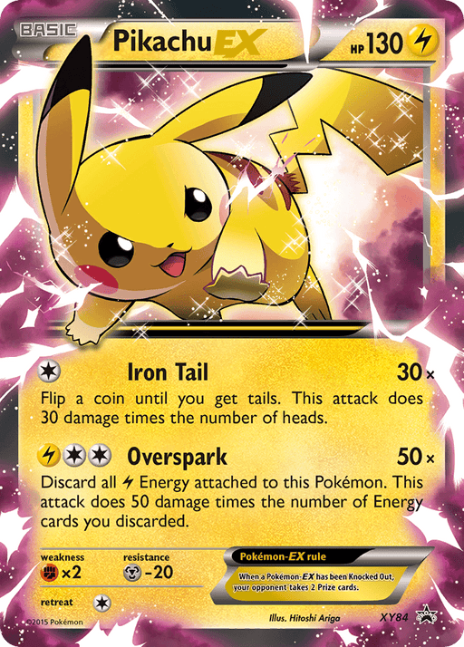Image of a Pokémon trading card featuring Pikachu EX (XY84) [XY: Black Star Promos] from Pokémon. Pikachu is depicted in an energetic and dynamic pose with sparks of electricity surrounding it. The Lightning type card has 130 HP and includes two moves: Iron Tail and Overspark. The background is a vibrant mix of yellow and pink hues with sparkles.