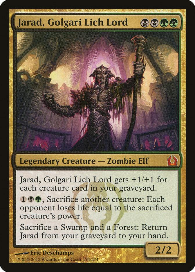 A Magic: The Gathering card titled "Jarad, Golgari Lich Lord [Return to Ravnica]," featuring a Legendary Creature Zombie Elf in dark, regal attire, wielding a staff, and standing in a decrepit environment from Return to Ravnica. The card's abilities and stats are detailed below the image, with unique symbols for mana costs and power/toughness of 2/2. Artist: