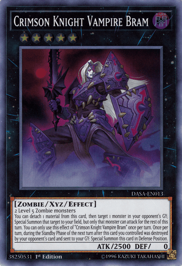 Image of a Yu-Gi-Oh! trading card titled "Crimson Knight Vampire Bram [DASA-EN013] Super Rare," an Xyz/Effect Monster. The card features dark, spectral artwork of an armored, zombie-like knight wielding a large sword, with ghostly energies surrounding him. It has stats: ATK/2500 DEF/0 and detailed effect description in the text box.