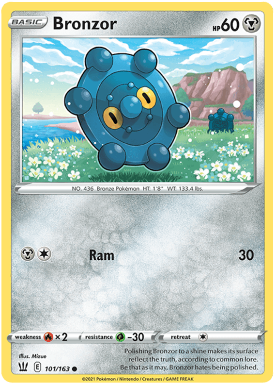 A Pokémon trading card from the Sword & Shield Battle Styles series featuring Bronzor. This blue, circular, metallic Pokémon with yellow eyes and a pair of blue circular designs on its surface has 60 HP and uses the move 