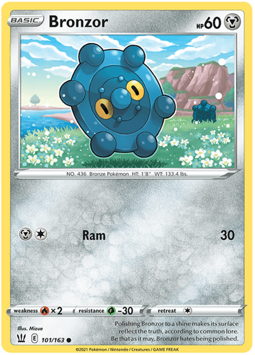 A Pokémon trading card from the Sword & Shield Battle Styles series featuring Bronzor. This blue, circular, metallic Pokémon with yellow eyes and a pair of blue circular designs on its surface has 60 HP and uses the move "Ram" to inflict 30 damage. Weakness, resistance, and retreat cost icons are shown at the bottom.

Bronzor (101/163) [Sword & Shield: Battle Styles] by Pokémon includes all of these features in its design.