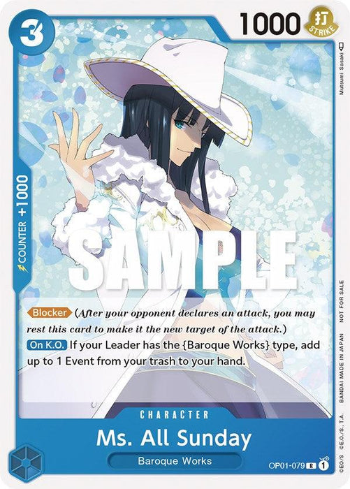 A collectible trading card featuring "Ms. All Sunday" from the Baroque Works, part of the **Bandai** series. The card boasts a blue border, 1000 power, and costs 3 energy to play. The character is depicted in a white outfit and hat with a "SAMPLE" watermark over the image detailing her gameplay abilities.

Product Name: **Ms. All Sunday (Promotion Pack 2023) [One Piece Promotion Cards]**
Brand Name: **Bandai**
