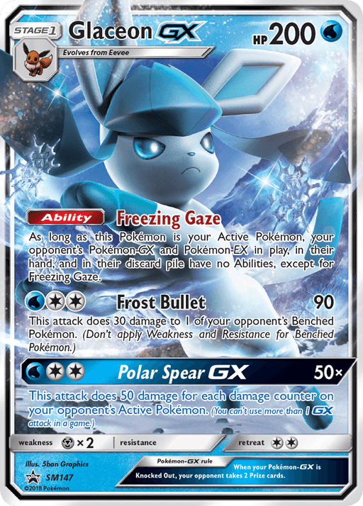 A Glaceon GX (SM147) [Sun & Moon: Black Star Promos] Pokémon trading card from the Sun & Moon series. Glaceon, a Water-type Pokémon with blue and white fur, has 200 HP and three abilities: Freezing Gaze (passive), Frost Bullet (attack with 90 damage), and Polar Spear GX (for 50 damage per damage counter on the opponent's active Pokémon).