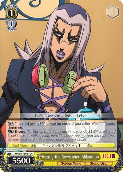 A trading card, inspired by JoJo's Bizarre Adventure: Golden Wind, features a character with long, purple hair and a serious expression. They wear a pink top under an open jacket. Text reads: "Let's have some tea and chat." The card name, Hazing the Newcomer, Abbacchio (JJ/S66-TE04 TD) [JoJo's Bizarre Adventure: Golden Wind], abilities, power level (5500), and other details in both English and Japanese are also shown. This product is from Bushiroad.
