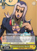 A trading card, inspired by JoJo's Bizarre Adventure: Golden Wind, features a character with long, purple hair and a serious expression. They wear a pink top under an open jacket. Text reads: "Let's have some tea and chat." The card name, Hazing the Newcomer, Abbacchio (JJ/S66-TE04 TD) [JoJo's Bizarre Adventure: Golden Wind], abilities, power level (5500), and other details in both English and Japanese are also shown. This product is from Bushiroad.