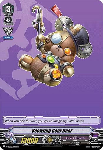 A futuristic teddy bear adorned with metal gears and robotic elements hovers over a solid purple background. The card text reads, "Scowling Gear Bear" at the bottom center. Belonging to the Dark Zone's Gear Chronicle from the 2020 Demo Deck, it is a Grade 3 unit with 13000 power and one critical point. Various icons and logos decorate the card's border.

Product Name: Scowling Gear Bear (V-SD03/002EN) [2020 Demo Deck "Gear Chronicle"]
Brand Name: Bushiroad