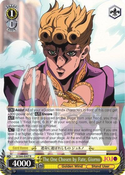 The image is a Rare Character Card from JoJo's Bizarre Adventure featuring a character with blonde hair and green eyes. The character is wearing a purple suit and gesturing dramatically with their right hand. Text on the card includes game instructions and stats, with the name "The One Chosen by Fate, Giorno (JJ/S66-E007 R) [JoJo's Bizarre Adventure: Golden Wind]" from Bushiroad at the bottom.