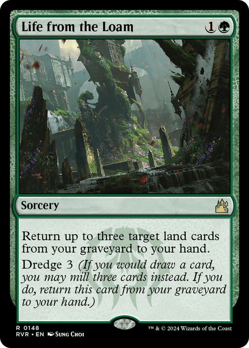 The image is of the product Life from the Loam [Ravnica Remastered] from Magic: The Gathering. It features a sorcery card with a green border that costs 1 generic and 1 green mana. The illustration shows an ancient, overgrown structure with swirling debris and includes Dredge 3 mechanics. The artist is listed as Sung Choi.