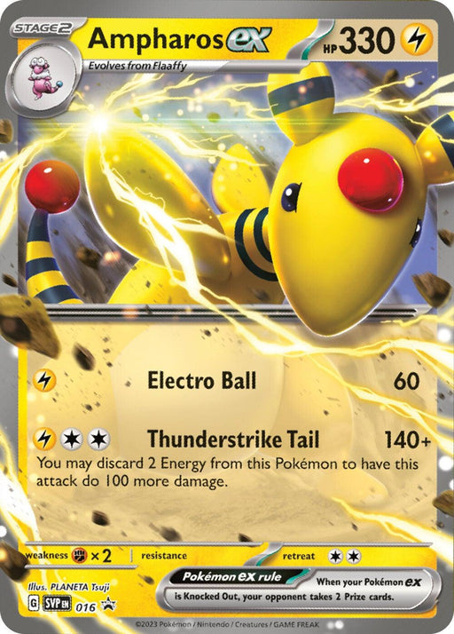 A Pokémon TCG card features Ampharos ex (016) [Scarlet & Violet: Black Star Promos], a yellow, electric Pokémon with large, red eyes and an orb on its tail. Boasting 330 HP, it uses "Electro Ball" (60 damage) and "Thunderstrike Tail" (140+ damage). The Scarlet & Violet card showcases vibrant, electric-themed art with energy symbols and stats.