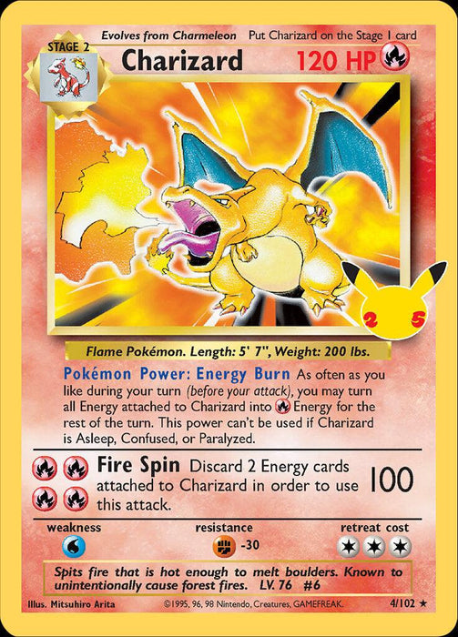 A Charizard (4/102) [Celebrations: 25th Anniversary - Classic Collection] from Pokémon. It has 120 HP and features the Pokémon's image breathing fire. The Holo Rare card showcases abilities: Energy Burn and Fire Spin. Numbered 4/102, it features artwork by Mitsuhiro Arita and includes full stats and attacks.