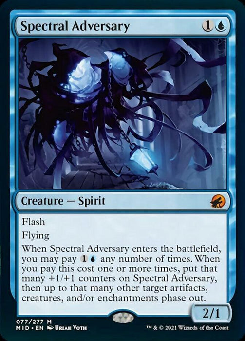 The image shows a Magic: The Gathering card named Spectral Adversary [Innistrad: Midnight Hunt]. This mythic creature is a blue card costing 1 generic mana and 1 blue mana. It boasts 2 power and 1 toughness, with Flash, Flying, and an ability to place +1/+1 counters by paying blue mana.