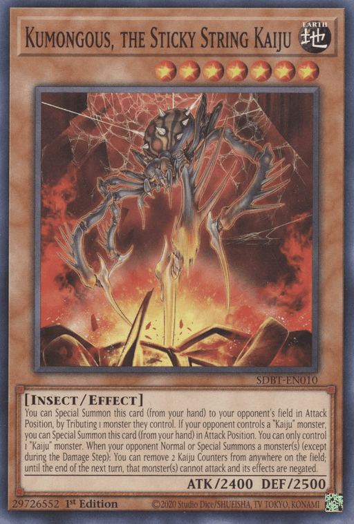 A Yu-Gi-Oh! card titled "Kumongous, the Sticky String Kaiju [SDBT-EN010] Common" with attributes including Earth type and Insect/Effect type. This Kaiju monster has an ATK of 2400 and DEF of 2500, showing a menacing insect-like creature. The card text provides details about its special summoning conditions and effects.