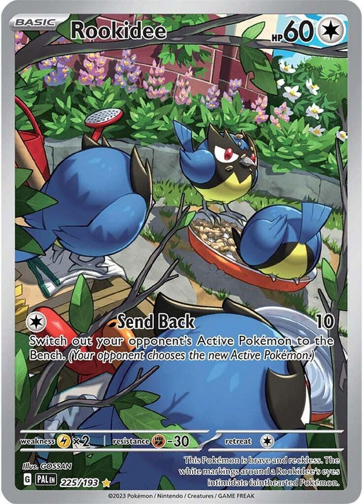A Pokémon card depicting Rookidee, a small blue bird Pokémon with a yellow beak and black wings, from the Scarlet & Violet: Paldea Evolved series. The card displays various stats, including 60 HP. Rookidee is shown perched on bowls of seeds with other Rookidee in the background in a garden setting. Its move "Send Back" is detailed and the Illustration Rare label highlights its unique artwork.

**Product Name:** Rookidee (225/193) [Scarlet & Violet: Paldea Evolved]  
**Brand Name:** Pokémon