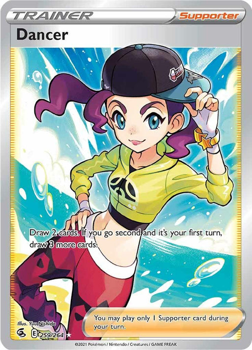 A Pokémon Trainer card titled "Dancer (259/264) [Sword & Shield: Fusion Strike]" showcases a young woman with purple hair in pigtails, a green crop top with a skull design, and pink pants. She is wearing a black cap with a graphic on it. This Ultra Rare Fusion Strike card's text details actions: drawing two cards, or three if it's the first turn. The background is dynamic and colorful.