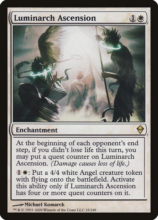 The image shows the Magic: The Gathering card Luminarch Ascension [Zendikar], an Enchantment from Zendikar. The card's art depicts two angelic figures with luminous wings and glowing weapons in a dark, misty environment. The card text details rules for adding quest counters and summoning 4/4 Angel creatures with flying.