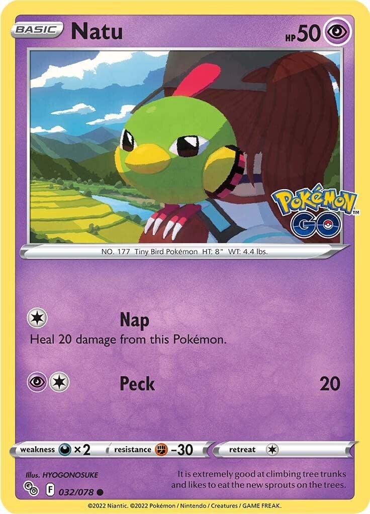 A Common Pokémon trading card featuring Natu (032/078) [Pokémon GO] from the Pokémon brand, characterized as a 