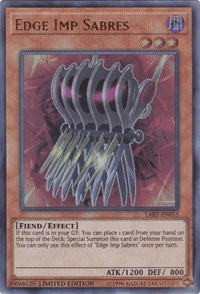 The image shows a "Yu-Gi-Oh!" trading card titled "Edge Imp Sabres [LART-EN015] Ultra Rare." This Ultra Rare Effect Monster card is classified as a Fiend with 1200 attack points and 800 defense points. The illustration depicts a creature resembling a knife rack with multiple sharp blades. Part of The Lost Art Promotion, the card is Limited Edition.