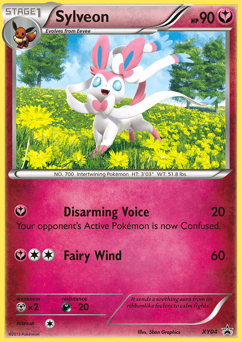 The image is a Pokémon trading card featuring Sylveon, a Fairy-type Pokémon with pink and white coloring and ribbon-like feelers. It has an HP of 90. The card details two moves: Disarming Voice (20 damage) and Fairy Wind (60 damage). This Promo card also shows its evolution from Eevee. The product name is **Sylveon (XY04) [XY: Black Star Promos]** by **Pokémon**.