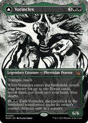 A Magic: The Gathering card titled "Vorinclex // The Grand Evolution (Showcase Planar Booster Fun) [March of the Machine]." With a green and black color scheme, this Phyrexian Praetor boasts abilities such as trample and reach. Its text box details special effects. Power and toughness are 6/6. Art by Flavio Girón.