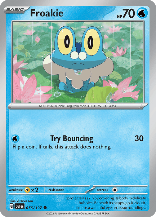 A Pokémon trading card featuring Froakie, the blue amphibian Water type with striking large eyes and white bubbles around its neck. Boasting 70 HP, it executes the "Try Bouncing" attack dealing 30 damage. Part of the Scarlet & Violet: Obsidian Flames series, this card identifies Froakie by Pokédex number 656 and features art by Atsuya Uki.