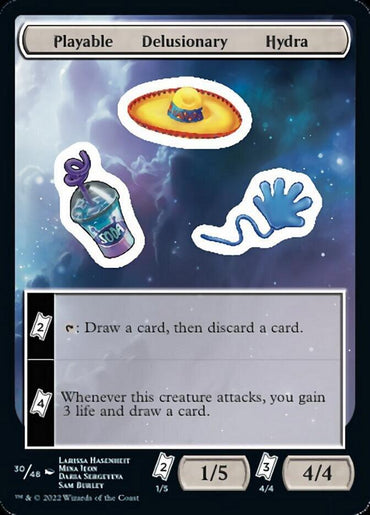 A Magic: The Gathering card titled "Playable Delusionary Hydra [Unfinity Stickers]" features three Unfinity Stickers of a UFO, a soda cup, and a blue glove. The card text reads: "{T}: Draw a card, then discard a card." and "Whenever this creature attacks, you gain 3 life and draw a card." The card is 1/5 level 2.