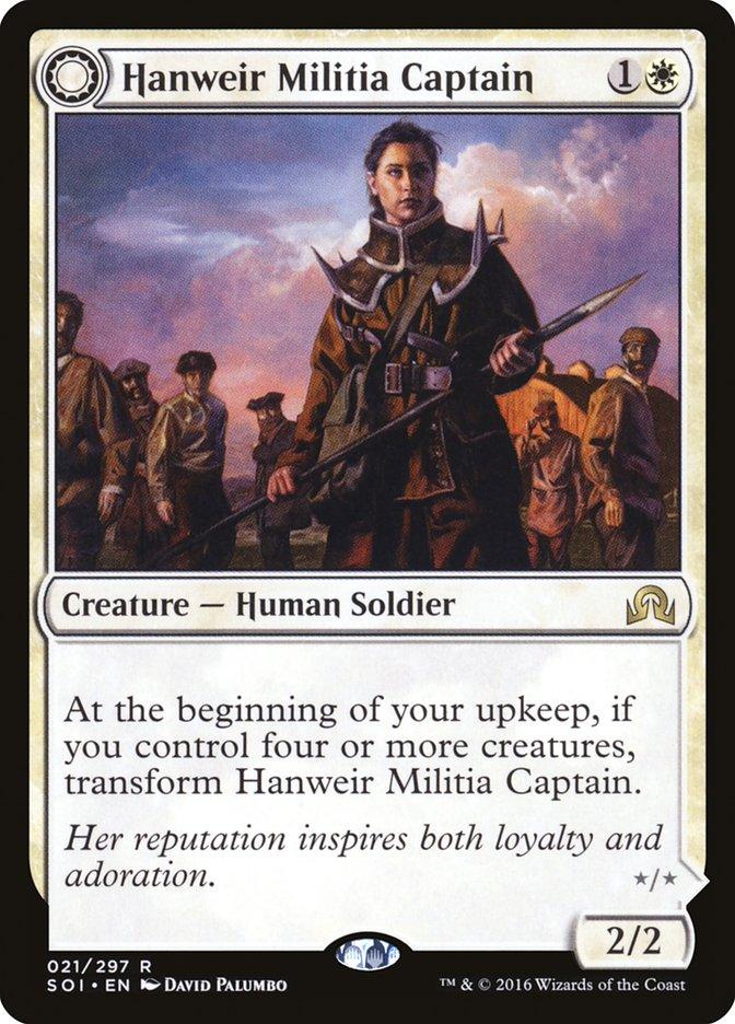 From the Shadows over Innistrad set of Magic: The Gathering, Hanweir Militia Captain // Westvale Cult Leader is a Creature – Human Soldier card with a cost of one white and one generic mana. This card boasts 2 power and 2 toughness, featuring a transformation mechanic. Its flavor text reads, 