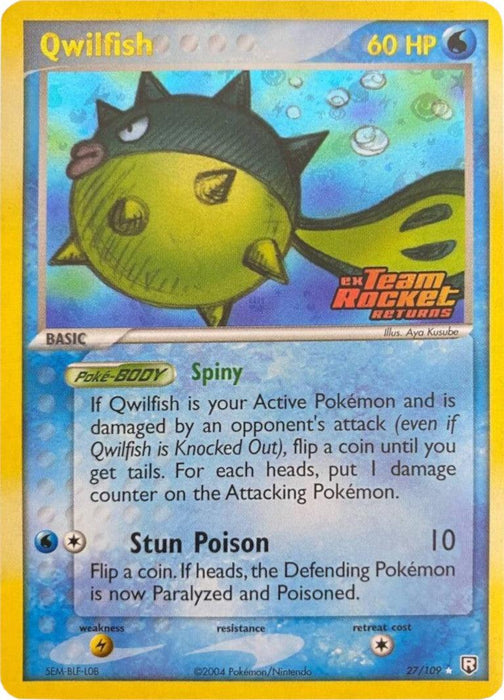 Image of a rare "Qwilfish (27/109) (Stamped)" Pokémon trading card from the "EX: Team Rocket Returns" series. The card features Qwilfish, a spherical fish Pokémon with spikes, against a watery background. It has 60 HP and two abilities: Spiny and Stun Poison. It is illustrated by Aya Kusube.