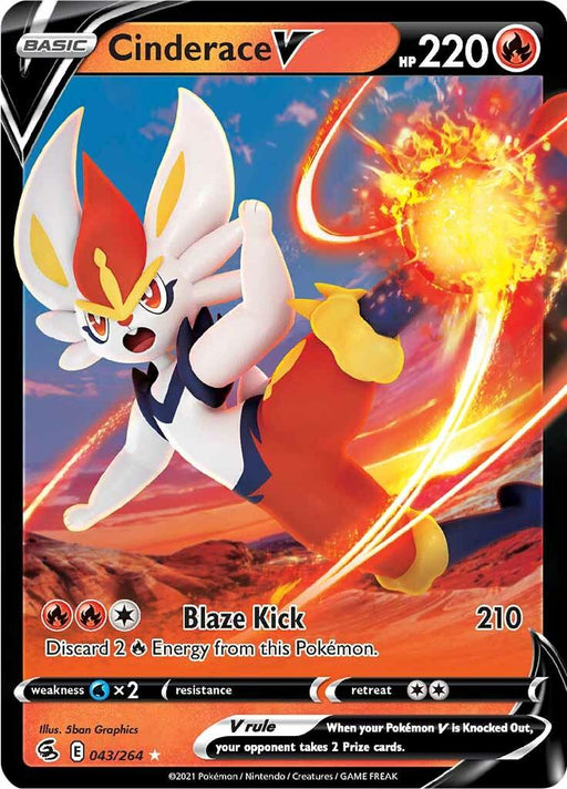 A Pokémon card featuring Cinderace V (043/264) [Sword & Shield: Fusion Strike] from Pokémon. Cinderace, a fire type, rabbit-like Pokémon with white fur, large ears, and red and yellow accents, is shown mid-action, seemingly kicking with its flames. This Ultra Rare card includes Blaze Kick attack, 220 HP and V rule text.