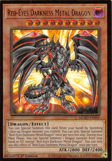 A "Red-Eyes Darkness Metal Dragon [MGED-EN009] Gold Rare" from the Yu-Gi-Oh! Maximum Gold: El Dorado set. The Effect Monster features an armored dragon with red glowing eyes and dark metallic scales, boasting 2800 attack points and 2400 defense points. Summoning conditions are detailed in the description box below the image.