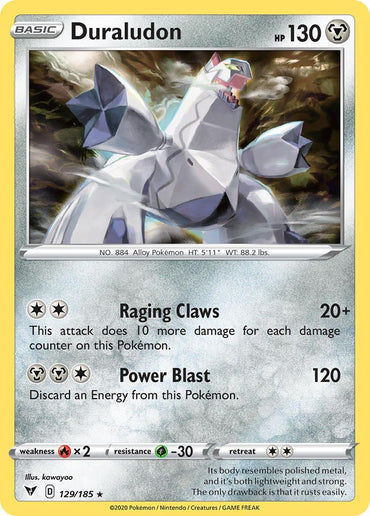 A card from the Pokémon Sword & Shield: Vivid Voltage series showcasing Duraludon, an iron dragon-like Pokémon. This Holo Rare card (129/185) depicts Duraludon facing forward with glowing eyes and raised arms. Boasting 130 HP, its moves include Raging Claws and Power Blast, and it has a Weakness to fire and Resistance to grass.