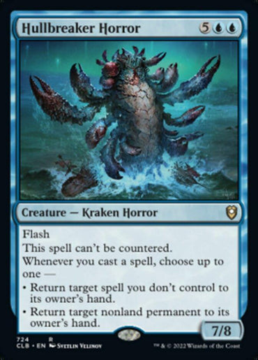 The image shows a rare Magic: The Gathering card titled "Hullbreaker Horror [Commander Legends: Battle for Baldur's Gate]." It costs 5 colorless and 2 blue mana and features a crab-like creature. With "Flash," it's a 7/8 Kraken Horror that can't be countered and has abilities affecting spell and permanent control.