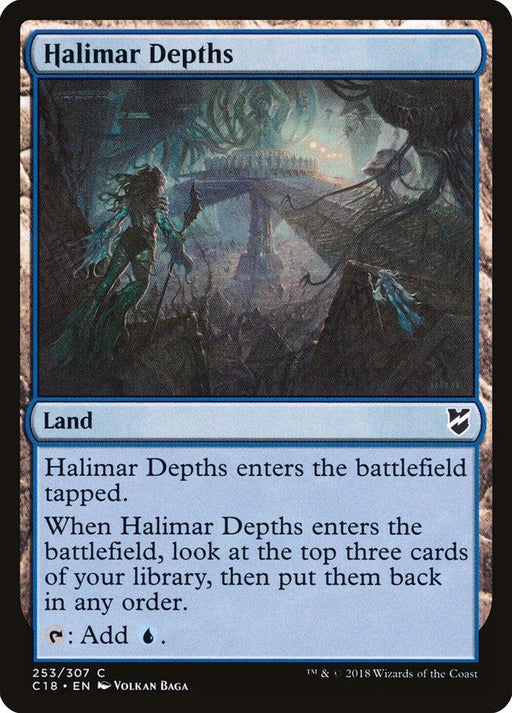 Card titled "Halimar Depths [Commander 2018]" from Magic: The Gathering. This land card depicts an underwater scene with mysterious structures and merfolk. "Halimar Depths enters the battlefield tapped. When it does, look at the top three cards of your library, then put them back in any order." Ability: "Tap: Add Blue Mana." Art by Vol