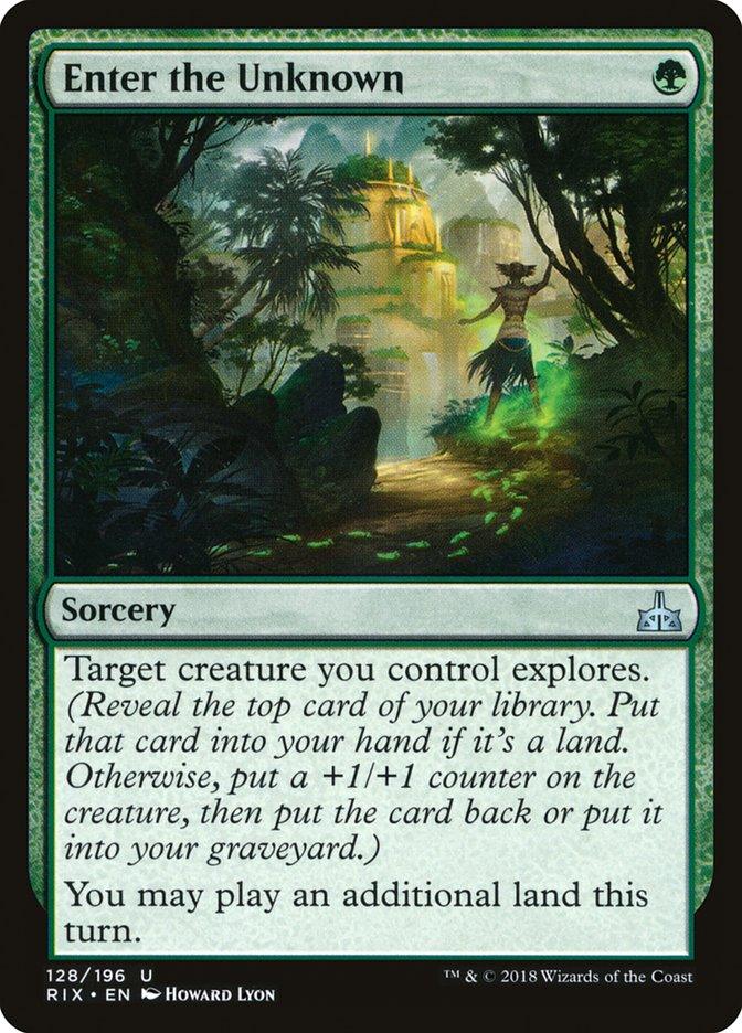 A Magic: The Gathering product titled "Enter the Unknown [Rivals of Ixalan]" from Magic: The Gathering. This uncommon card has green borders and an illustrated jungle scene with ancient ruins. The text reads: "Sorcery. Target creature you control explores. You may play an additional land this turn." 128/196. Illustrated by Howard Lyon.
