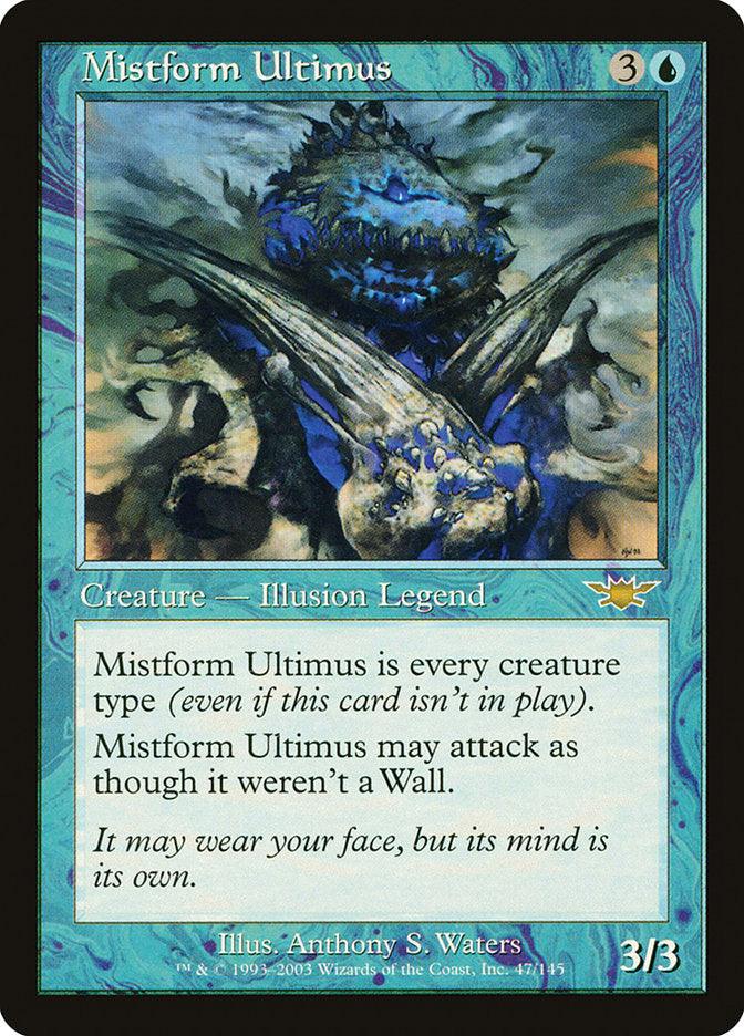 A Magic: The Gathering product titled *Mistform Ultimus [Legions]*. The artwork depicts a rare, blue, ghostly dragon-like creature with glowing eyes. The text reads: 