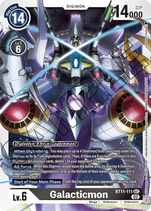 A Secret Rare Digimon card featuring Galacticmon [BT11-111] [Dimensional Phase]. The card shows a robotic Digimon with purple, blue, and white armor, holding a trident-like weapon. Boasting several mechanical and weaponized details, it has a Play Cost of 14, 14,000 DP, Level 6 and highlights various digivolution abilities and effects.

Brand Name: Digimon