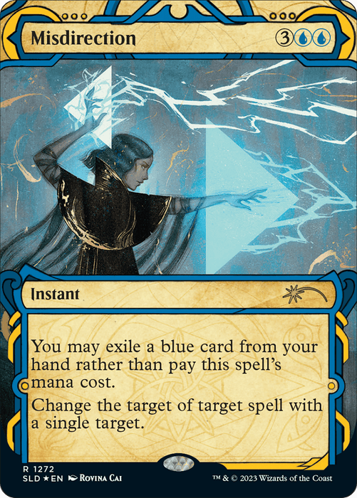 A Magic: The Gathering card titled "Misdirection (Halo Foil) [Secret Lair Drop Series]" from the Secret Lair series. It shows an ethereal figure in a dark robe manipulating an arcane blue triangle with its hands. This instant spell allows changing the target of another spell by exiling a blue card from your hand instead of paying its mana cost.