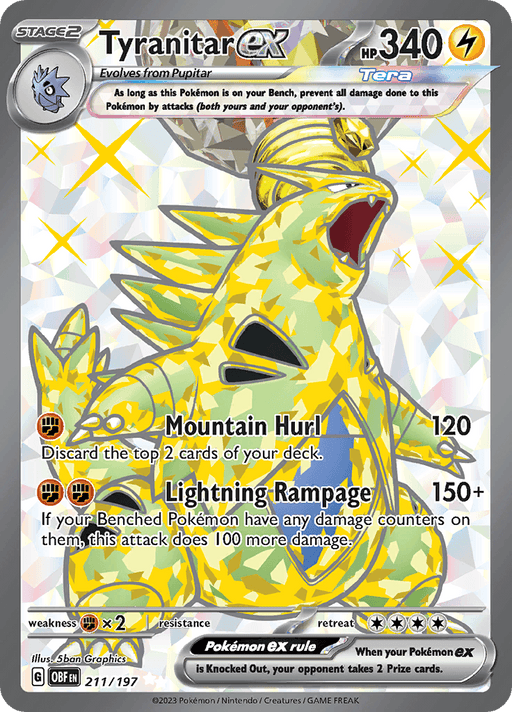 A Pokémon Tyranitar ex (211/197) [Scarlet & Violet: Obsidian Flames] from the Scarlet & Violet: Obsidian Flames series featuring Tyranitar ex with 340 HP. This Ultra Rare card is bright yellow, adorned with blue and green geometric patterns, and boasts attacks like Mountain Hurl (120 damage) and Lightning Rampage (150+ damage). It evolves from Pupitar.