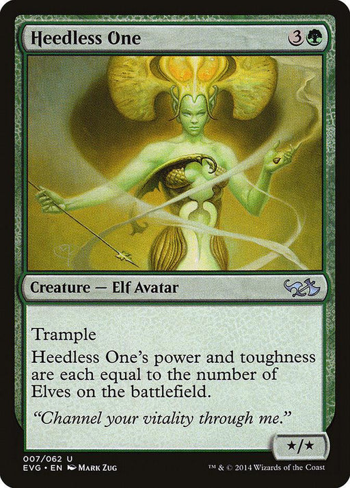 Heedless One (Elves vs. Goblins) [Duel Decks Anthology]" from Magic: The Gathering is a striking green, ethereal Creature — Elf Avatar with antler-like horns and swirling energy. It costs 3 generic and 1 forest mana, has trample, and its power and toughness scale with the number of elves on the battlefield.