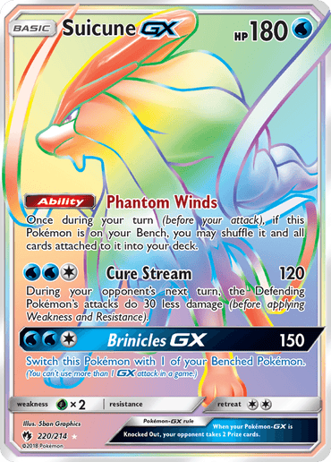 This Secret Rare Suicune GX Pokémon card, numbered 220/214 from the Sun & Moon: Lost Thunder series, features a powerful 180 HP. The card captures Suicune in an action-packed pose with striking rainbow holographic effects. It showcases Suicune's Water-type abilities, including Phantom Winds and Cure Stream, while the Brinicles GX attack stands out at the bottom against a vibrant gradient backdrop.