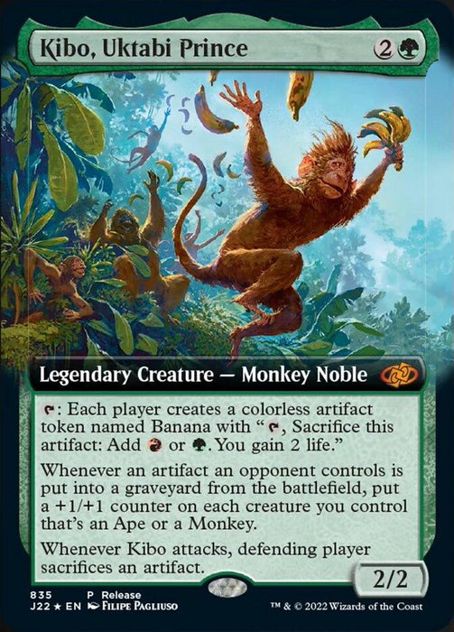 A magical trading card named "Kibo, Uktabi Prince (Extended Art) (Release)" from Magic: The Gathering's Jumpstart 2022, features an illustration of a Monkey Noble holding a banana. The card has green borders and decorative elements, highlighting the monkey in a lush jungle setting with detailed text describing its powers and abilities. The card has a 2/2 rating.