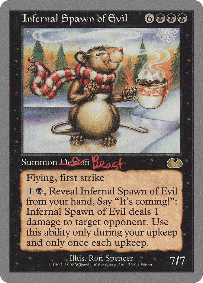 The "Infernal Spawn of Evil" card from Magic: The Gathering's Unglued set depicts a grinning creature with a mouse-like face, bat wings, and clutching a mug. It possesses flying and first strike abilities, boasting a power/toughness of 7/7, and requires seven mana including three black to summon.