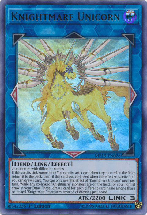 The Yu-Gi-Oh! card "Knightmare Unicorn [MP19-EN028] Ultra Rare," a Link/Effect Monster from the 2019 Gold Sarcophagus Tin, features a blue border and intricate design. It depicts a majestic, armored unicorn with golden wings, a glowing horn, and fiery mane standing on its hind legs. The card includes details of its type, effects, attack points (2200), and link rating.