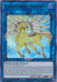 The Yu-Gi-Oh! card "Knightmare Unicorn [MP19-EN028] Ultra Rare," a Link/Effect Monster from the 2019 Gold Sarcophagus Tin, features a blue border and intricate design. It depicts a majestic, armored unicorn with golden wings, a glowing horn, and fiery mane standing on its hind legs. The card includes details of its type, effects, attack points (2200), and link rating.