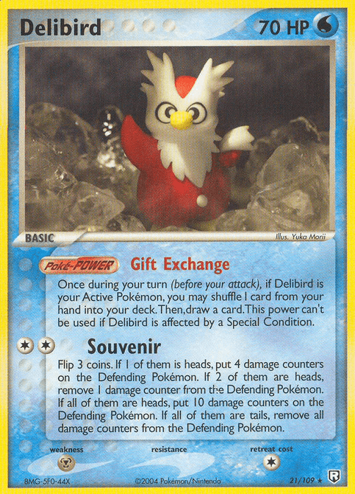A Rare Pokémon card of Delibird (21/109) [EX: Team Rocket Returns] by Pokémon with 70 HP. The card, part of the EX: Team Rocket Returns series, features an illustration by Yuka Morii showing Delibird standing on a snow-covered ground with trees in the background. This red and white bird-like creature includes powers like "Gift Exchange" and "Souvenir," along with associated game mechanics.