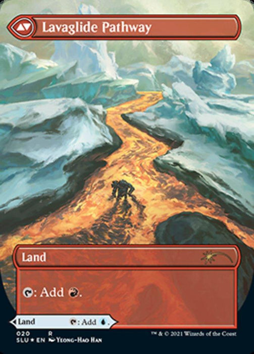 A Magic: The Gathering card titled "Riverglide Pathway // Lavaglide Pathway (Borderless) [Secret Lair: Ultimate Edition]." This Rare Land card features artwork depicting a river of glowing lava cutting through icy terrain with mountains in the background. The card has red border accents and an icon indicating its ability to add red mana, making it a stunning addition to any Ultimate Edition collection.