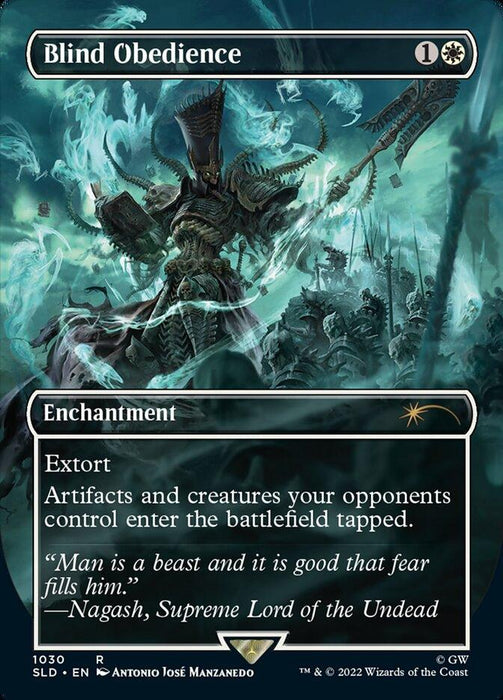 A "Magic: The Gathering" card titled "Blind Obedience (Borderless) [Secret Lair Drop Series]". The card's art depicts a knight in dark armor wielding a glowing weapon, surrounded by spectral figures. This rare Enchantment from the Secret Lair Drop Series features the Extort ability, costing 1 white and 1 generic mana. Text reads: “Artifacts and creatures your opponents control enter the battlefield tapped.” Flavor text