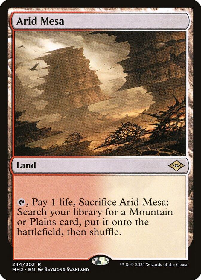 An illustration of a barren desert landscape with rocky mesas towering in the background under a cloudy sky. Cracks and ridges dominate the dry ground. The card text reads: 