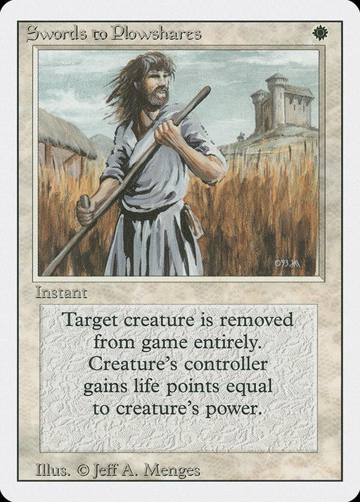 A Magic: The Gathering card titled "Swords to Plowshares [Revised Edition]." This uncommon Instant features an illustration of a bearded man holding a plow in a field with a distant castle in the background. The card text reads: "Exile target creature. Its controller gains life points equal to the creature's power.